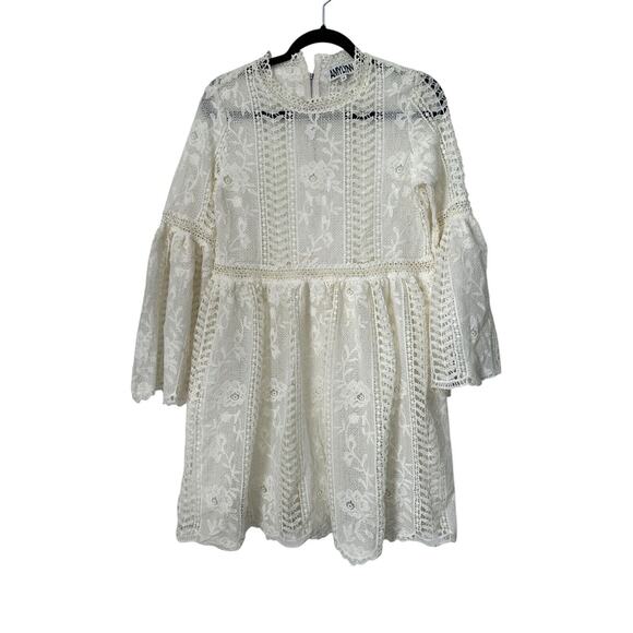 Amylynn Dress Size M White Floral Crochet Lace Unlined High Neck Flared Sleeve - Picture 1 of 12